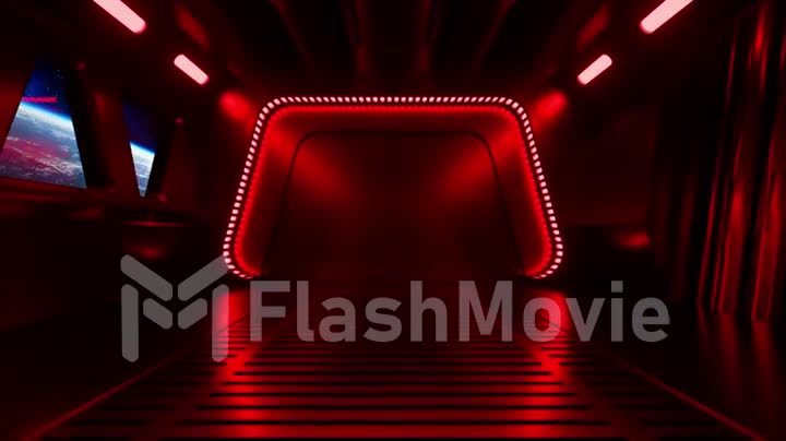 Sci-fi tunnel in outer space with neon light. Planet Earth outside the window of the spaceship. Space technology concept. 3d animation of a seamless loop