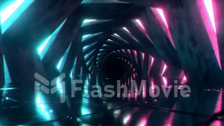 Flying through a luminous neon corridor of swirling hexagons. Blue red pink purple spectrum, fluorescent ultraviolet light in the tunnel, modern colorful lighting, 3d illustration