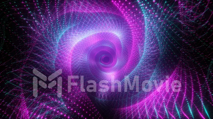 Abstract technological flight in digital space. Bright neon dots forming a data transmission tunnel. Modern ultraviolet blue purple light spectrum. 3d illustration