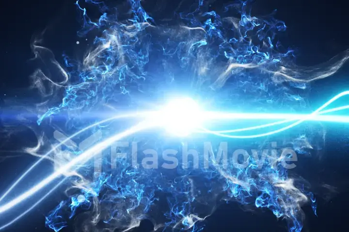 Two blue light streak breaks out on a black background with smoke and light particles and explode in space when interacting with each other 3d illustration