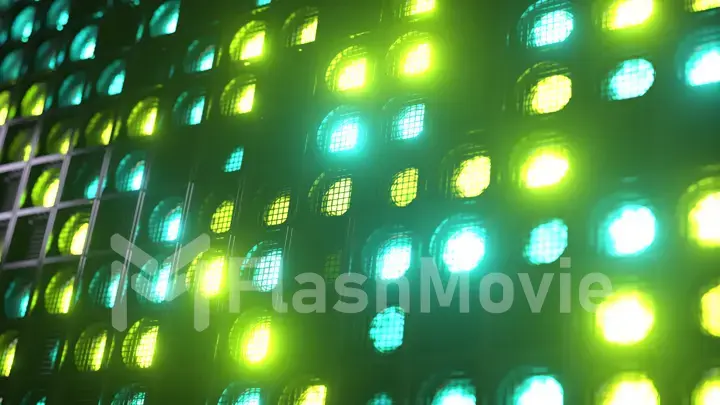 Flashing wall lights. Flashing lights Lanterns for clubs and discos. Matrix beam headlights. Nightclub halogen lamp. 3d illustration. Green light