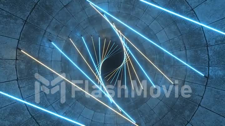 Flying in a concrete tunnel with neon lighting. Halogen lamps. Abstract background. Modern blue yellow light spectrum. 3d animation