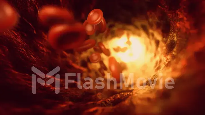 Red blood cells moving in the bloodstream in an artery. Hemoglobin cells traveling through a vein. 3d illustration