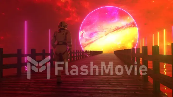 Astranaut runs along the endless wooden bridge across the ocean to his dream. Space circle with neon lighting ahead. 3d illustration