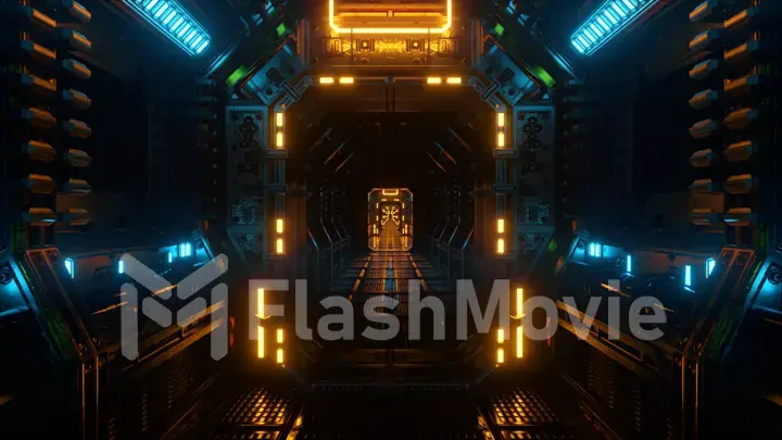 Flying in a spaceship tunnel, a sci-fi shuttle corridor. Futuristic abstract technology. Technology and future concept. Flashing light. 3d illustration