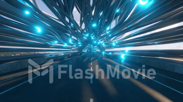 Flying in a futuristic fiber optic tunnel with a road. Future technologies concept. Business background. Pleasant natural lighting. 3d illustration