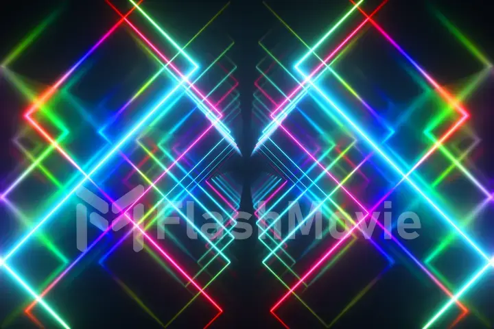 Abstract flying in futuristic corridor background, fluorescent ultraviolet light, mirror lines laser neon lines, geometric endless tunnel, 3d illustration, multicolored spectrum