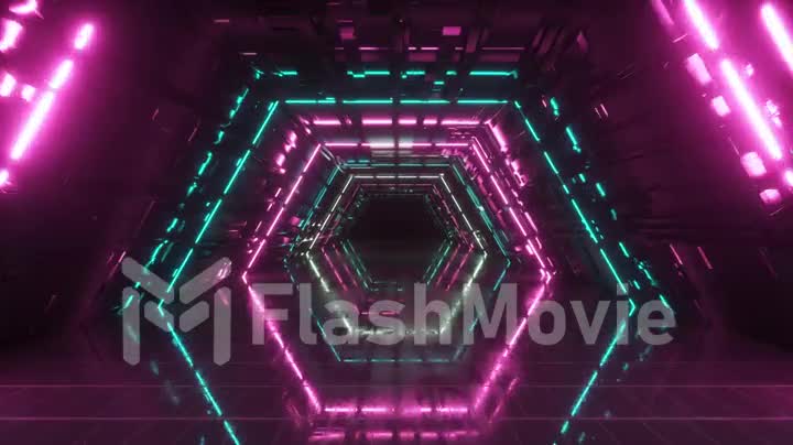 Flying in a bright neon geometric tunnel. Future technology. Modern color spectrum. Room interior with glowing neon fluorescent lamps. Futuristic architecture background. Seamlees loop 3d render