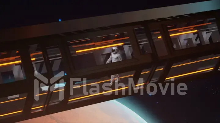 Technology and future concept. Alone astronaut walking in a futuristic sci-fi corridor. Orange neon light.