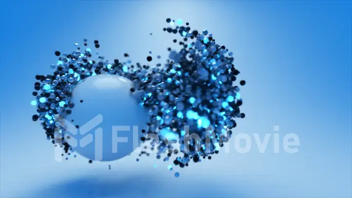 Dynamics of abstract blue glowing particle spheres. A large sphere attracts small. Scientific concept.. Abstract technology, engineering and artificial intelligence motion background. 3D animation