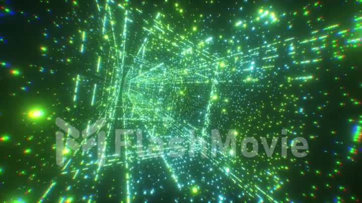 Digital technology tunnel. 3D Big Data Digital square corridor with futuristic matrix. Binary code particle network. Motion and communication technology background. Flashing particles.