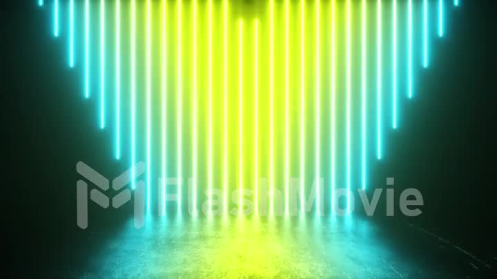 Futuristic scene with bright neon tubes descending into an iron metal floor with reflections and scratches. Multicolored spectrum. Seamless loop 3d render