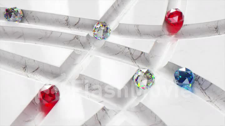 Colored diamond balls roll across the white marble labyrinth. Red, blue sphere. 3d animation of seamless loop
