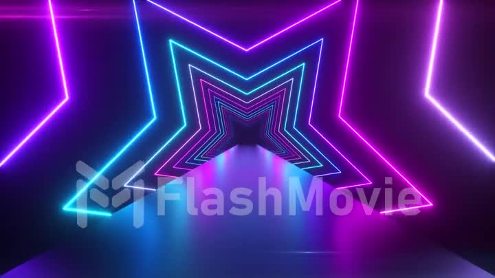 Abstract digital background with rotating neon stars. Modern ultraviolet blue purple light spectrum. Seamless loop 3d render.