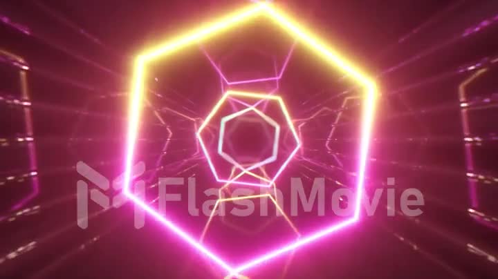Flying through glowing neon lines creating a tunnel, yellow pink violet spectrum, fluorescent ultraviolet light, modern colorful lighting, 4k seamless loop cg animation