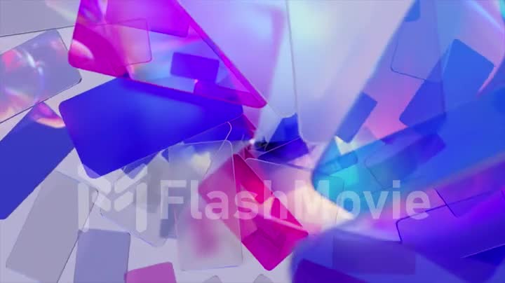 Bright plastic cards fall from above in a spiral. Blue, purple, pink color. 3D animation of a seamless loop.