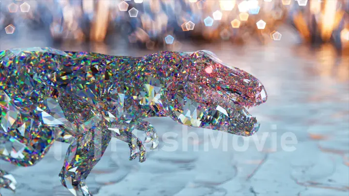 Diamond dinosaur walks on a glowing background. Slow motion. Brilliant, shining. 3d illustration