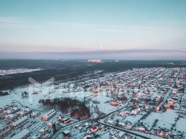 The Aerial view of snow-covered forest in time of sunny winter evening.