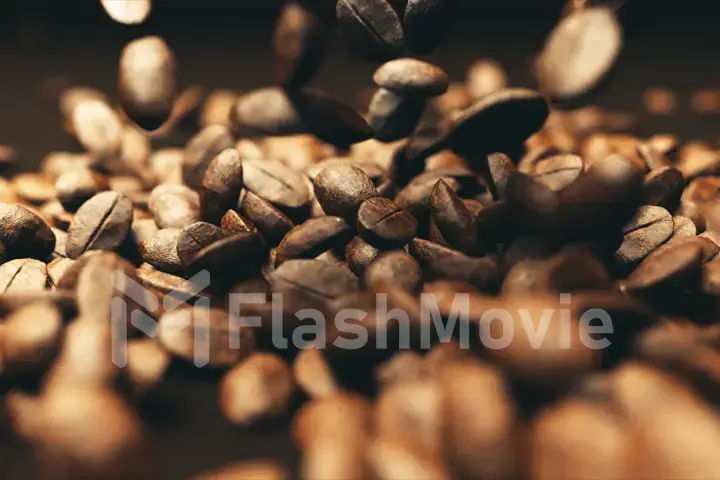 3d illustration of falling coffee beans in slow motion. Coffee grains are poured on the table and beat together