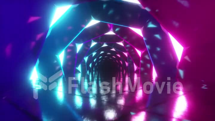 Flying through a luminous neon corridor of swirling hexagons. Blue red pink purple spectrum, fluorescent ultraviolet light in the tunnel, modern colorful lighting, 4k seamless loop cg animation