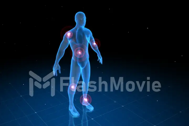 Digital human body with visible pain in different places, 3d illustration