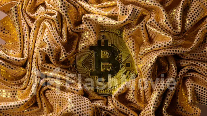 Cryptocurrency concept. A golden bitcoin surrounded by a shiny gold textile. Creases in fabric. 3d illustration