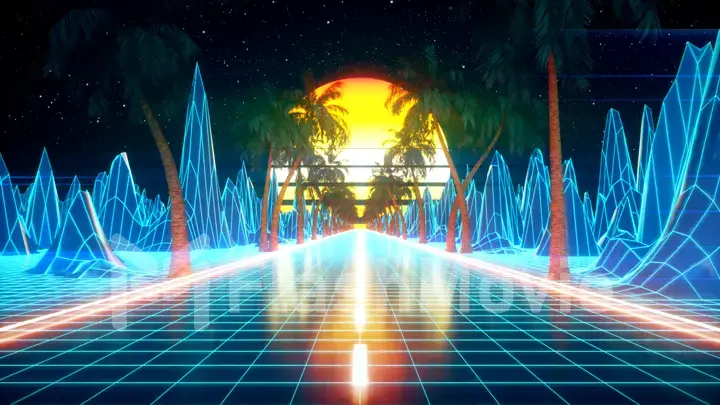 80s retro futuristic sci-fi. Retrowave VJ videogame landscape, neon lights and low poly terrain grid. Stylized vintage vaporwave 3d illustration background with mountains, sun and stars.