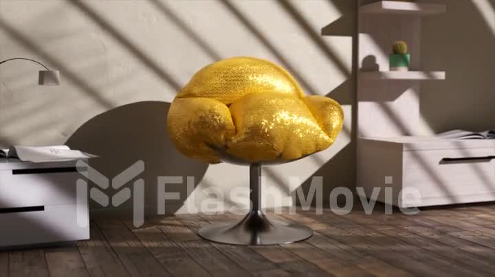 Abstract concept. The office chair inflates and turns into gold. Furniture. Interior. Shadow on the wall. 3d animation.