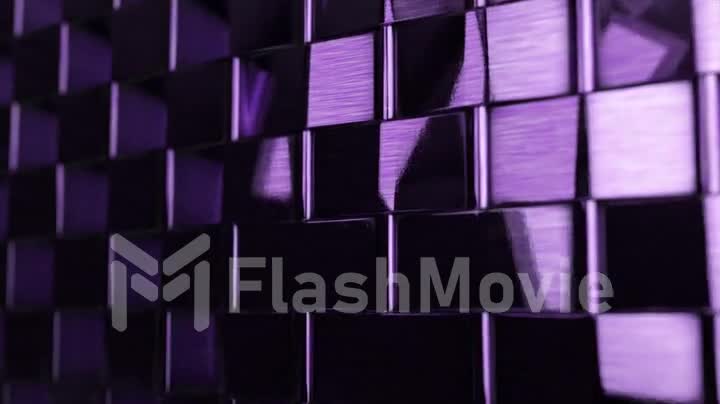 Abstract concept. A wall of many moving metallic purple block cubes. Shadow on the wall. 3d animation of a seamless loop