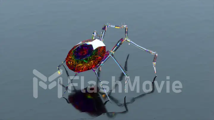 Spider with a body made of a diamond stone walks on a smooth mirror surface. Red color.