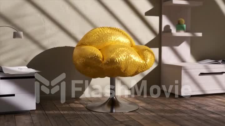 The gray fabric on the chair turns into gold glitter. Office furniture. Shadow on the white wall. 3d animation.