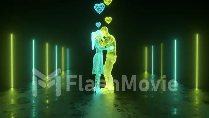 Guy and girl kissing in digital cyberspace with neon lighting. Holograms of real people. Future technologies and digital world concept. 3d illustration