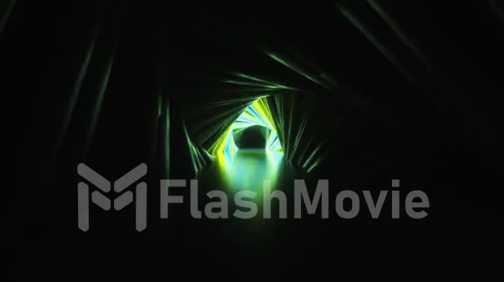Abstract neon triangle tunnel technological. Endless swirling animated background. Modern neon light. Bright neon lines sparkle and move forward. Seamless loop 3d render