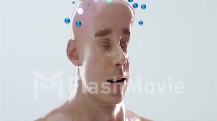 Funny 3D animation of a wrinkling soft face. The human face is crumpled. Rest and relaxation concept. A shower from spheres pours on my head. 3d render of seamless loop.