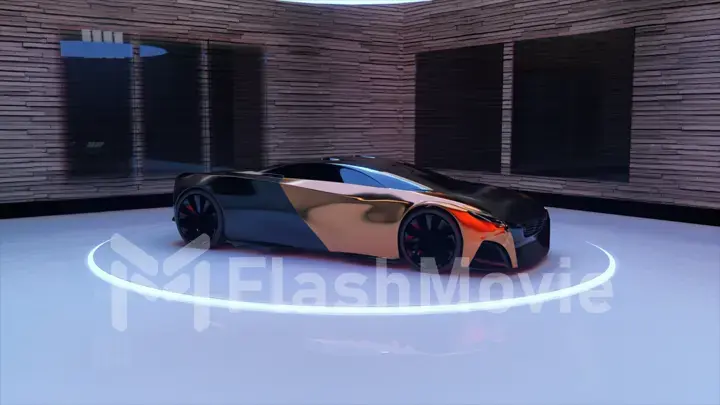 Sports car in the exhibition hall on a luminous platform. Glossy surface. Performance. 3d illustration