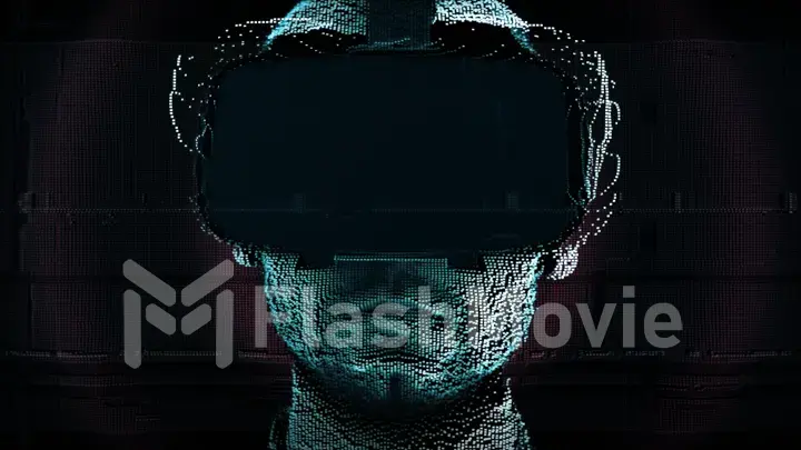 A talking hologram of a young man with digital disturbances in virtual reality glasses