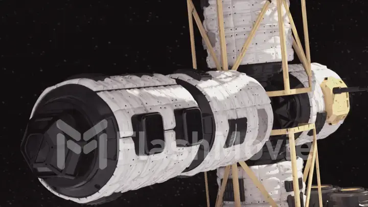 Space concept. Close-up of the surface of the spacecraft. Flight of the ISS over the atmosphere of the globe. Universe