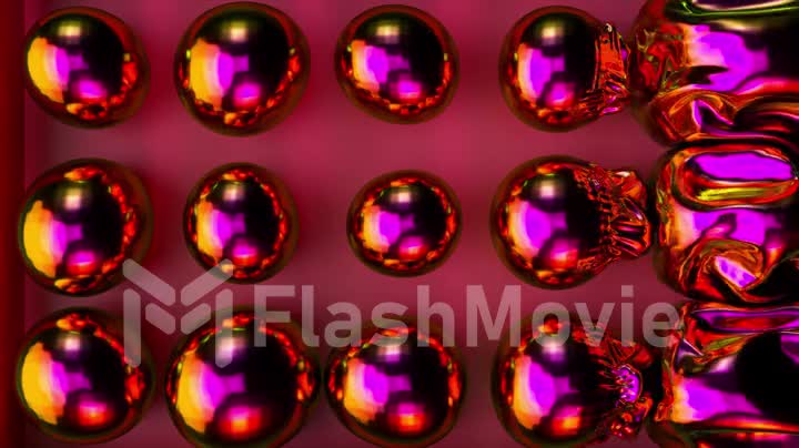 The wave turns small balls into large ones. Purple metallic neon balloons inflate. Smooth ball surface. 3d animation