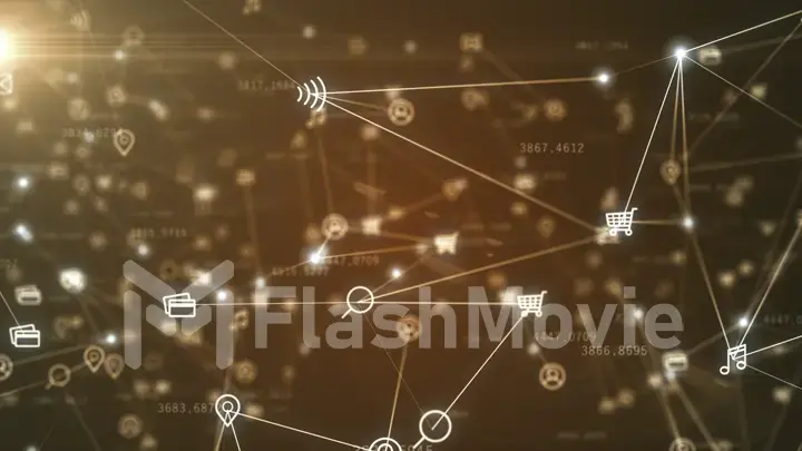 Background of randomly moving network and internet related things. Online shopping, social networks, connections, global connections. 3d illustration