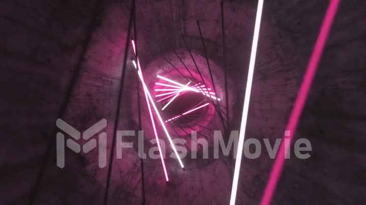 Flying in a concrete tunnel with neon lighting. Halogen lamps. Abstract background. Modern pink white light spectrum. 3d animation