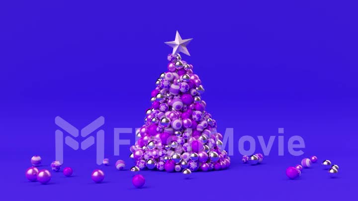 A tree of Christmas balls is growing dynamically on a bright colorful blue background. 3d animation