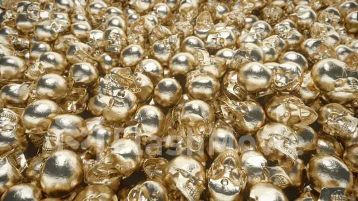 A bunch of golden skulls lie on top of each other. The concept of greed. 3d illustration