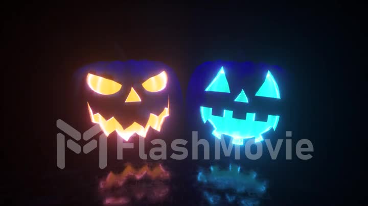 Halloween, two pumpkins with a scary face glow from the inside in two different colors. Bright neon lighting. Seamless loop 3d render