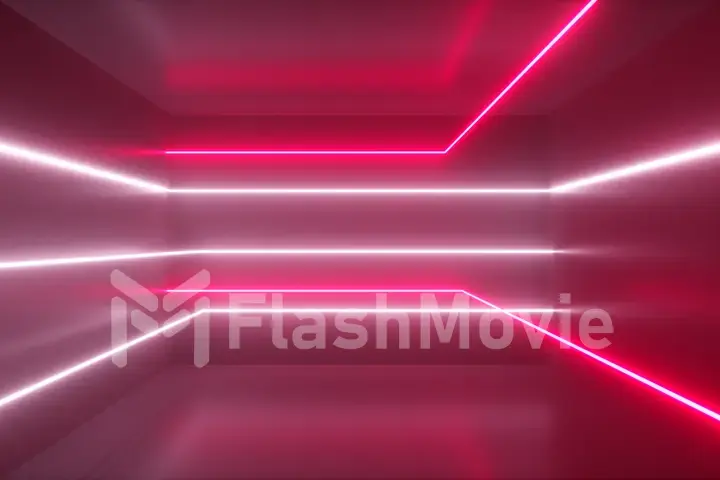 Abstract background, moving neon rays, luminous lines inside the room, fluorescent ultraviolet light, red pink white spectrum, 3d illustration