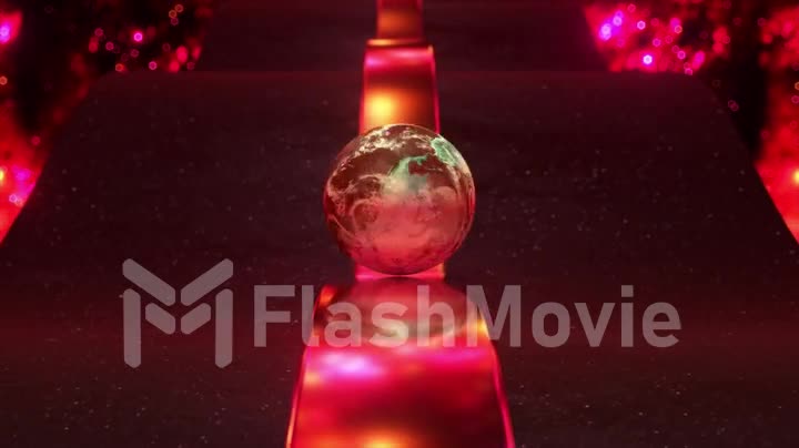 Ball rolls down. Planet Mars. Metal trampoline. Red neon color. Dark curved path. Abstract background. Space. Reflection