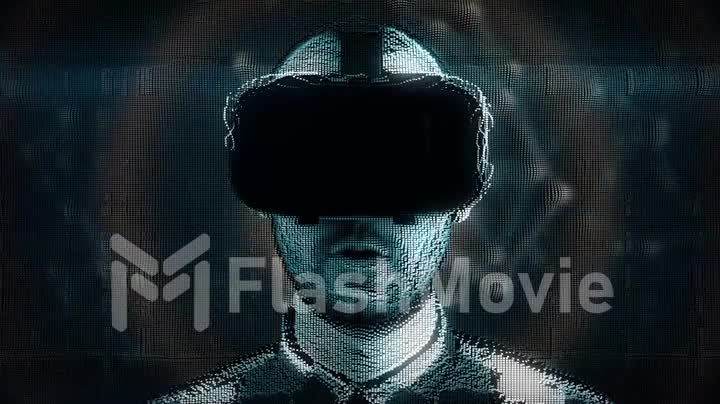 A talking hologram of a young man with digital disturbances in virtual reality glasses