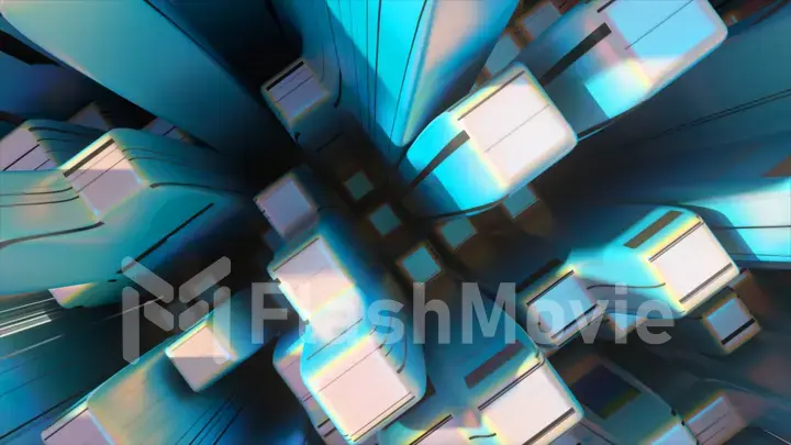 Abstract city. White blue color. Top view of rectangular shapes. Close-up. Dark stripes appear on the pillars. Immersion