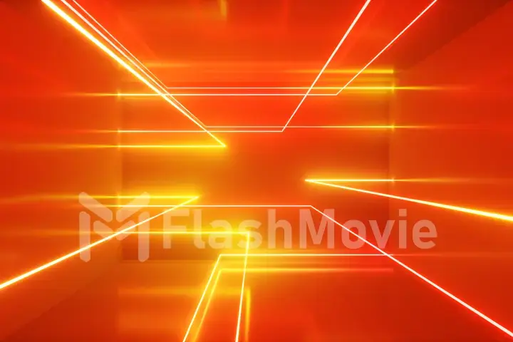 Abstract background, moving neon rays, luminous lines inside the room, fluorescent ultraviolet light, orange spectrum, 3d illustration