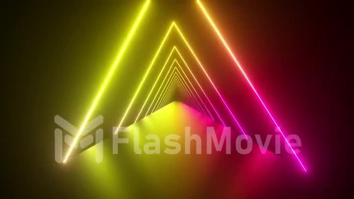 Flying through glowing rotating neon triangles creating a tunnel, blue red pink violet spectrum, fluorescent ultraviolet light, modern colorful lighting, 4k loop animation