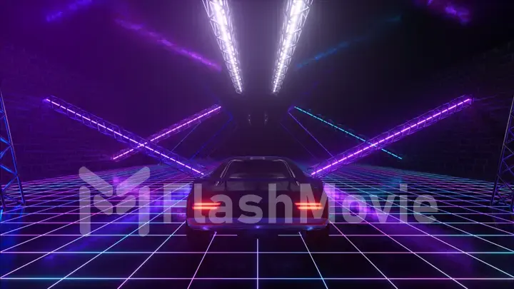 3d cyberpunk retro style. Synthwave. The car is driving in the neon tunnel. 3d illustration
